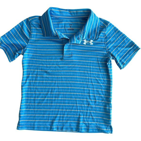 EUC Under Armour Boys  Light Blue and Yellow Striped Performance Polo - Size 6 - Picture 1 of 3